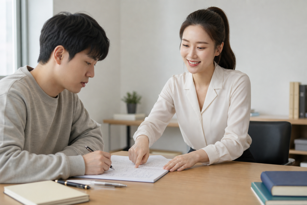 선생님이 학습 노트의 한 지점을 손으로 짚으며 수강생과 함께 확인하는 모습
