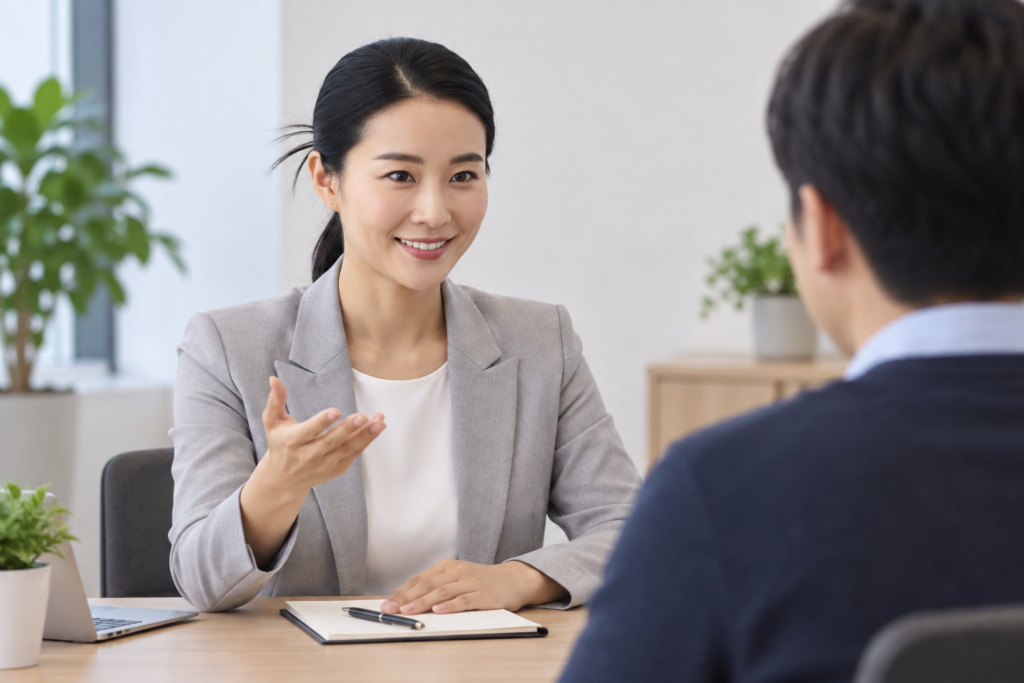 회색 블레이저를 입은 강사가 회의실처럼 꾸며진 테이블에서 한국인 수강생과 마주 앉아 모의 면접 방식으로 아랍어 질문을 던지는 모습